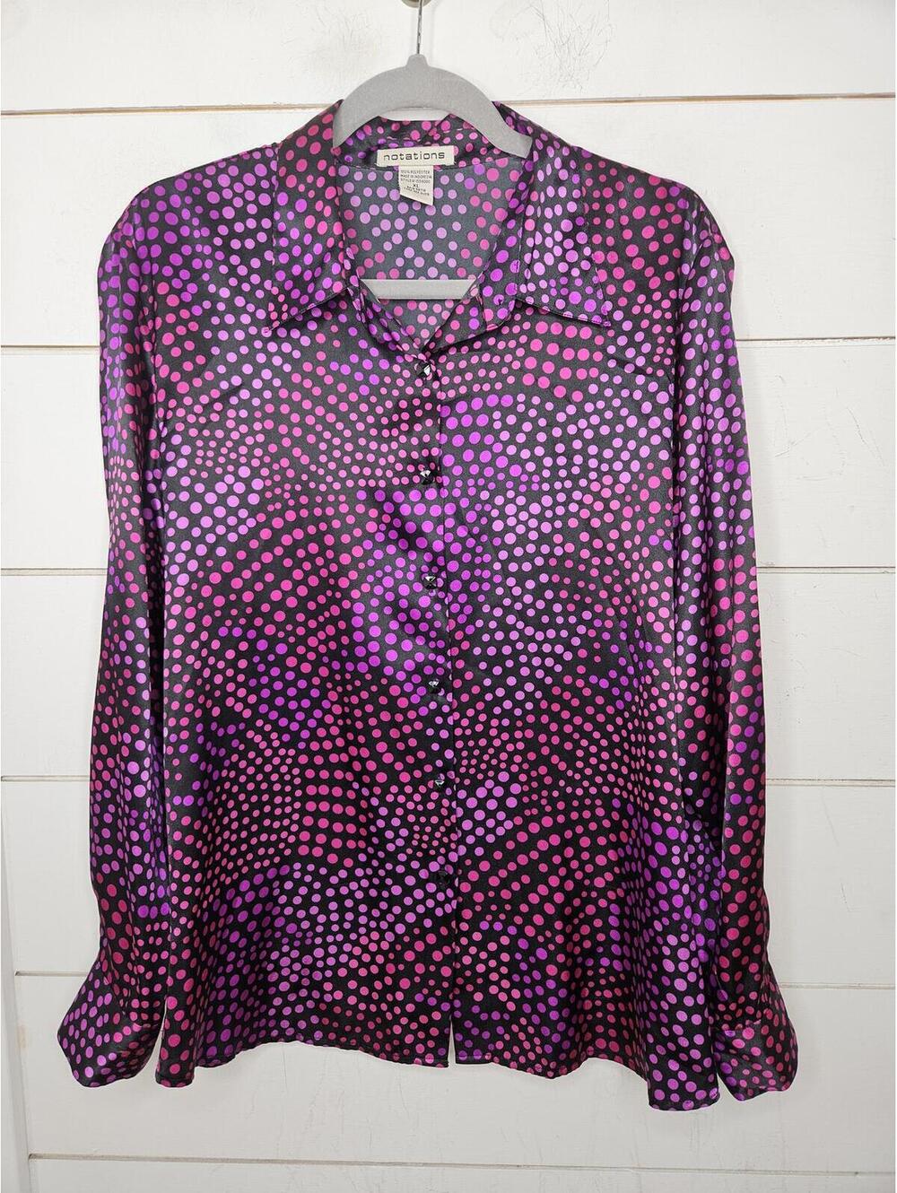 Notations XL black with pink & purple dots shiny blouse